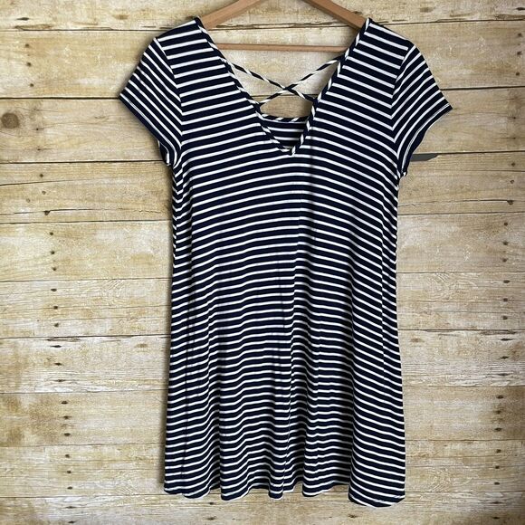 Socialite Blue & White Striped Criss Cross Back Dress - Size Medium - Mini Dress - Picture 4 of 7